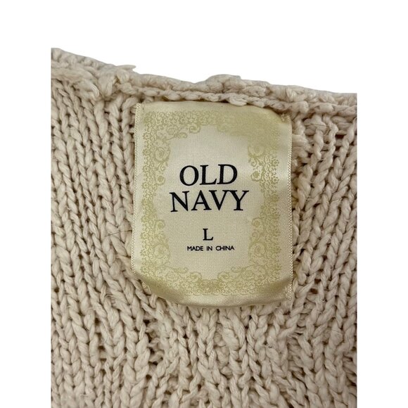 Vtg Y2K Old Navy Cream Cable Knit Faux Shearling Trim Hooded Boho Sweater Vest L - Picture 14 of 16